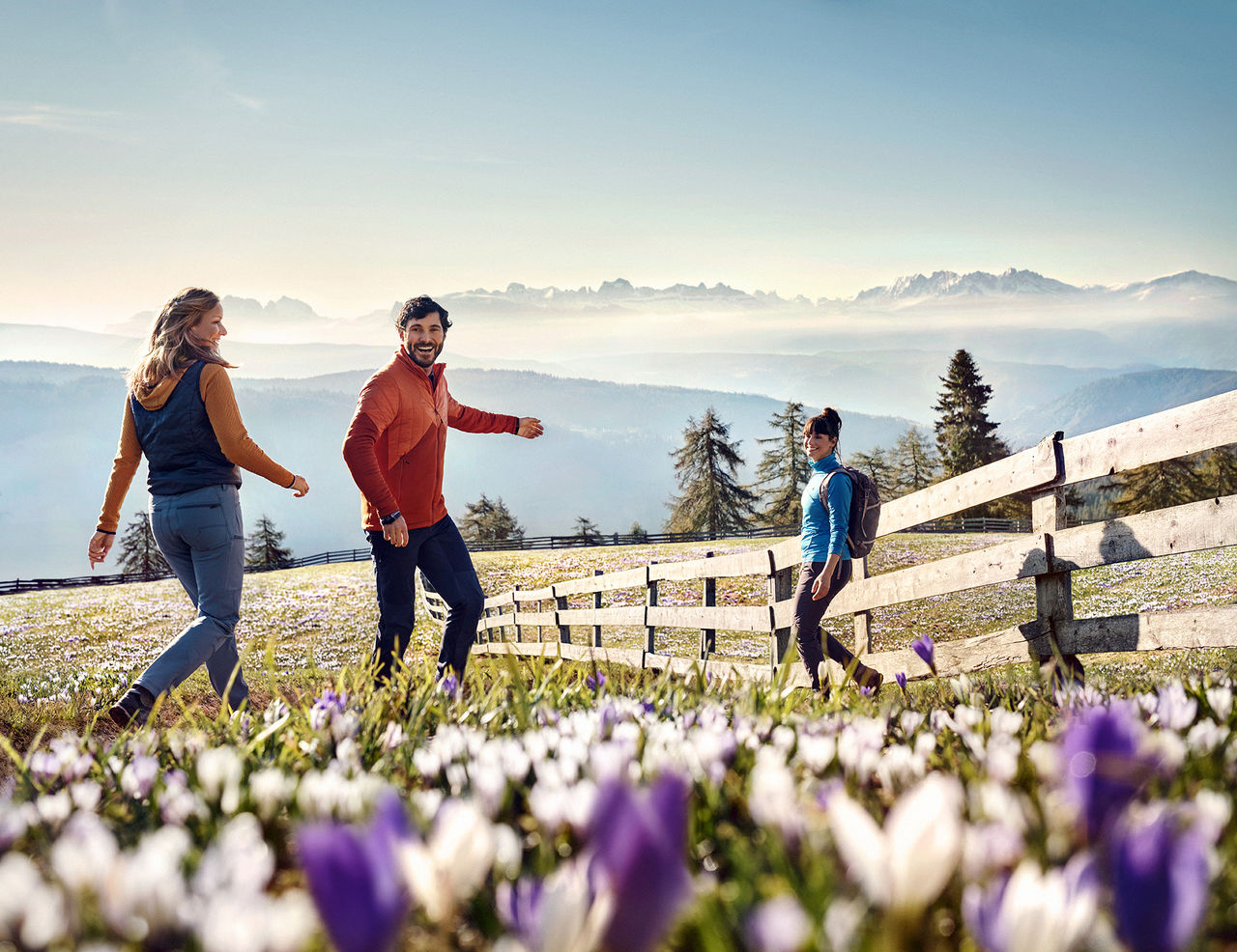 Drei Freunde laufen über eine Wiese mit Krokusblüten im Frühling