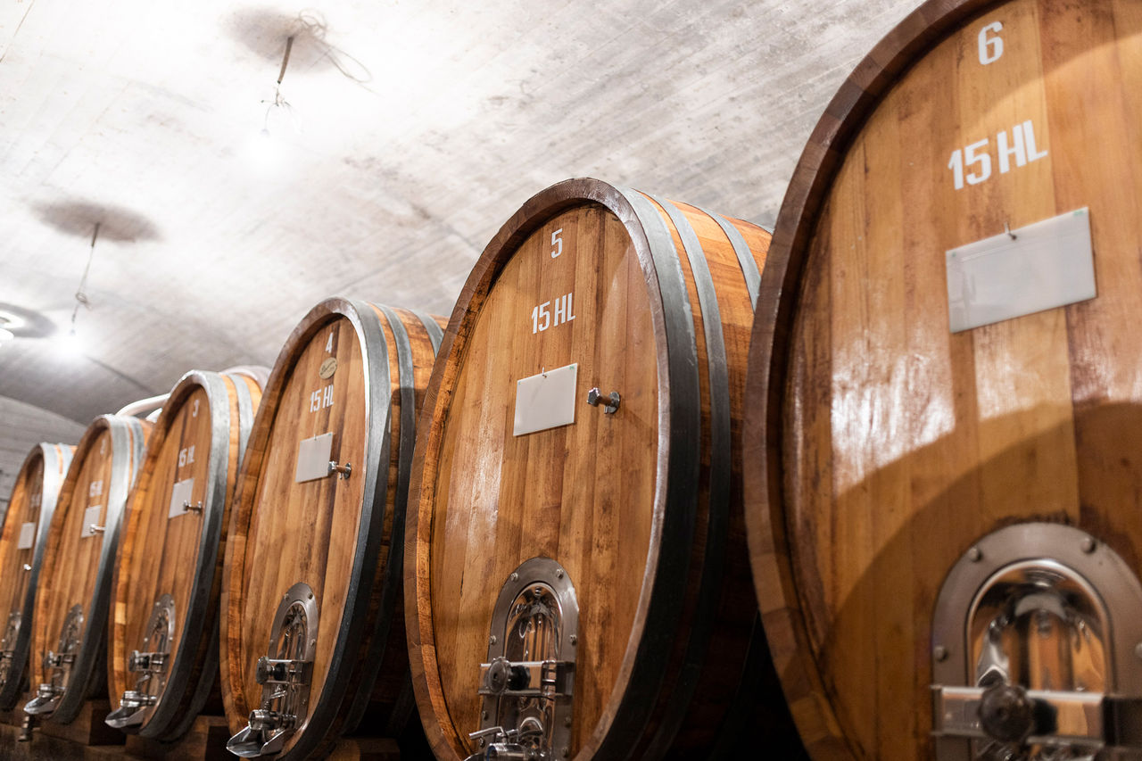 Mehrere Weinfässer im Keller des Weingutes Falkenstein