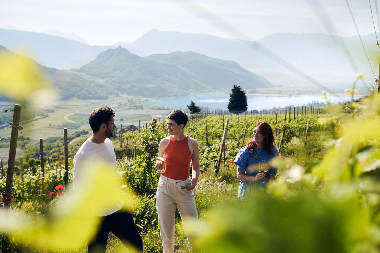 Drei Personen genießen ein Glas Wein in den Weinbergen an der Südtiroler Weinstraße