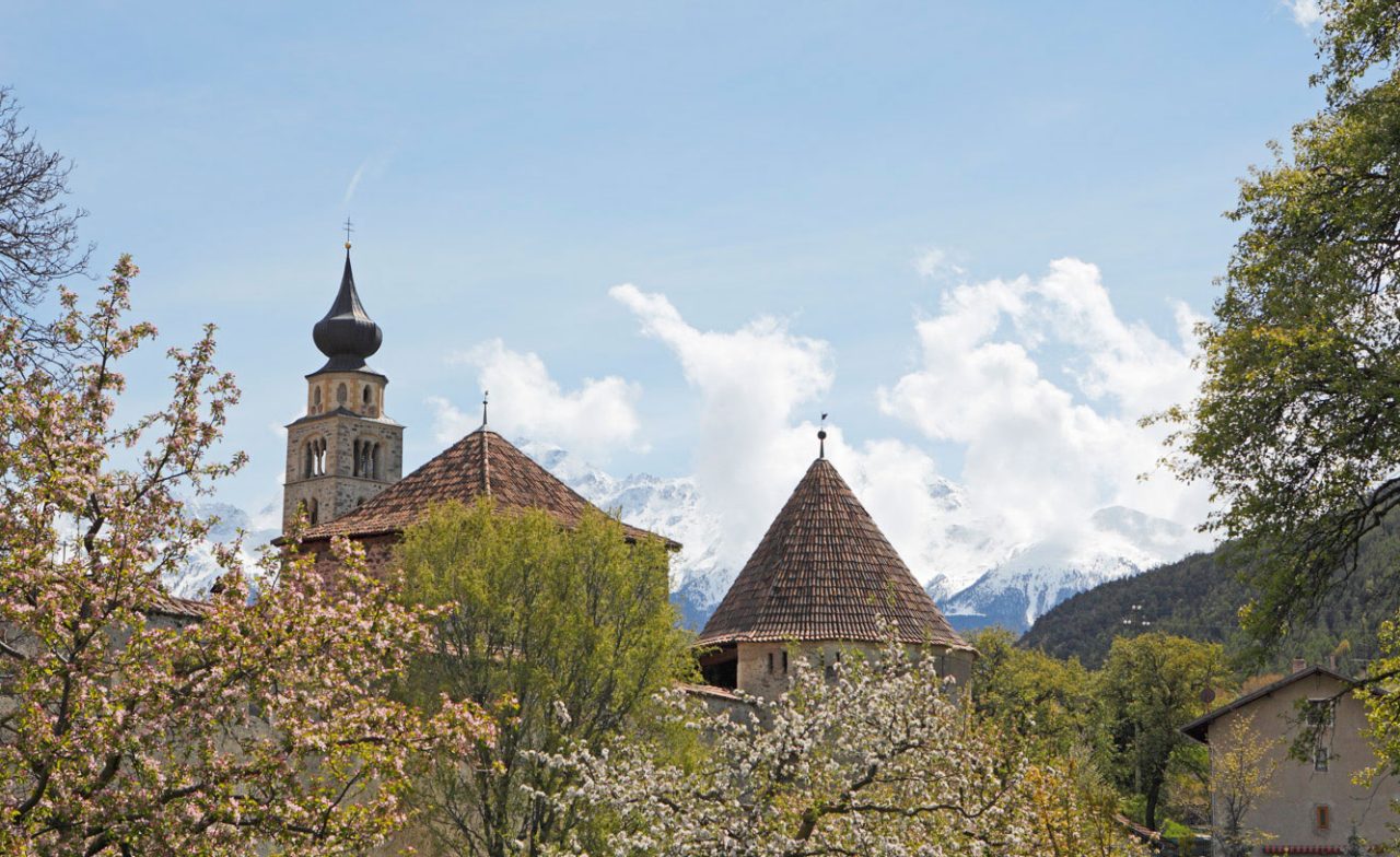 Kirche mit Zwiebeldach und historische Teil der Stadtmauer vor blühenden Obstbäumen, im Hintergrund die schneebedeckten Berge