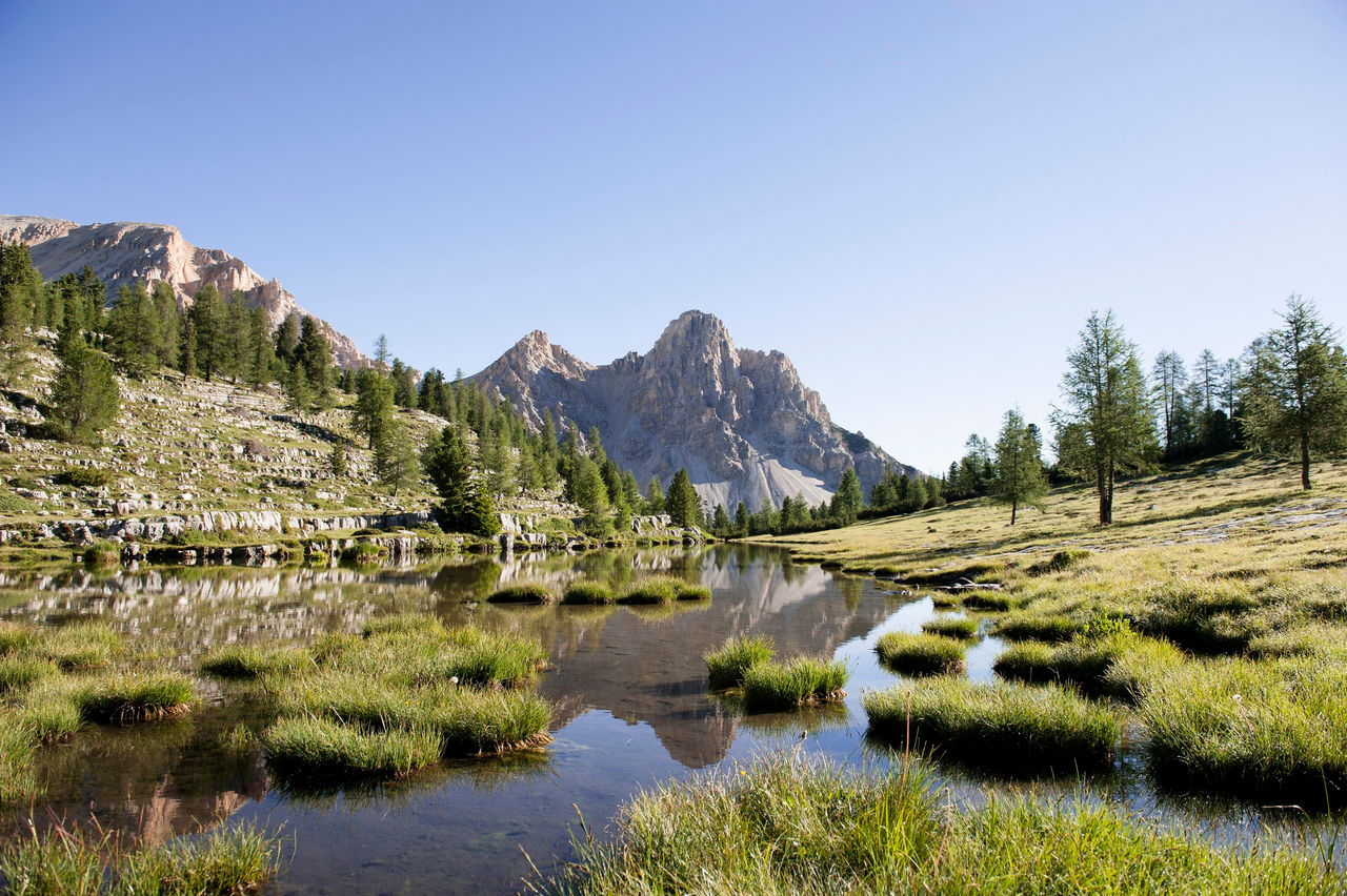 Die Moorlandschaft des Naturparkes ist geprägt von Wassertümpeln, grünen Wiesen und den Dolomiten als Kulisse.