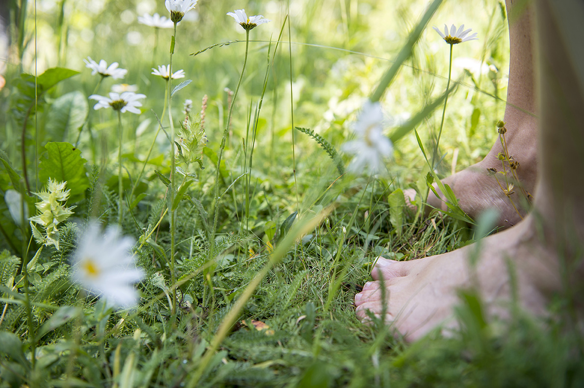 Barfuß in einer Wiese mit Sommerblumen.